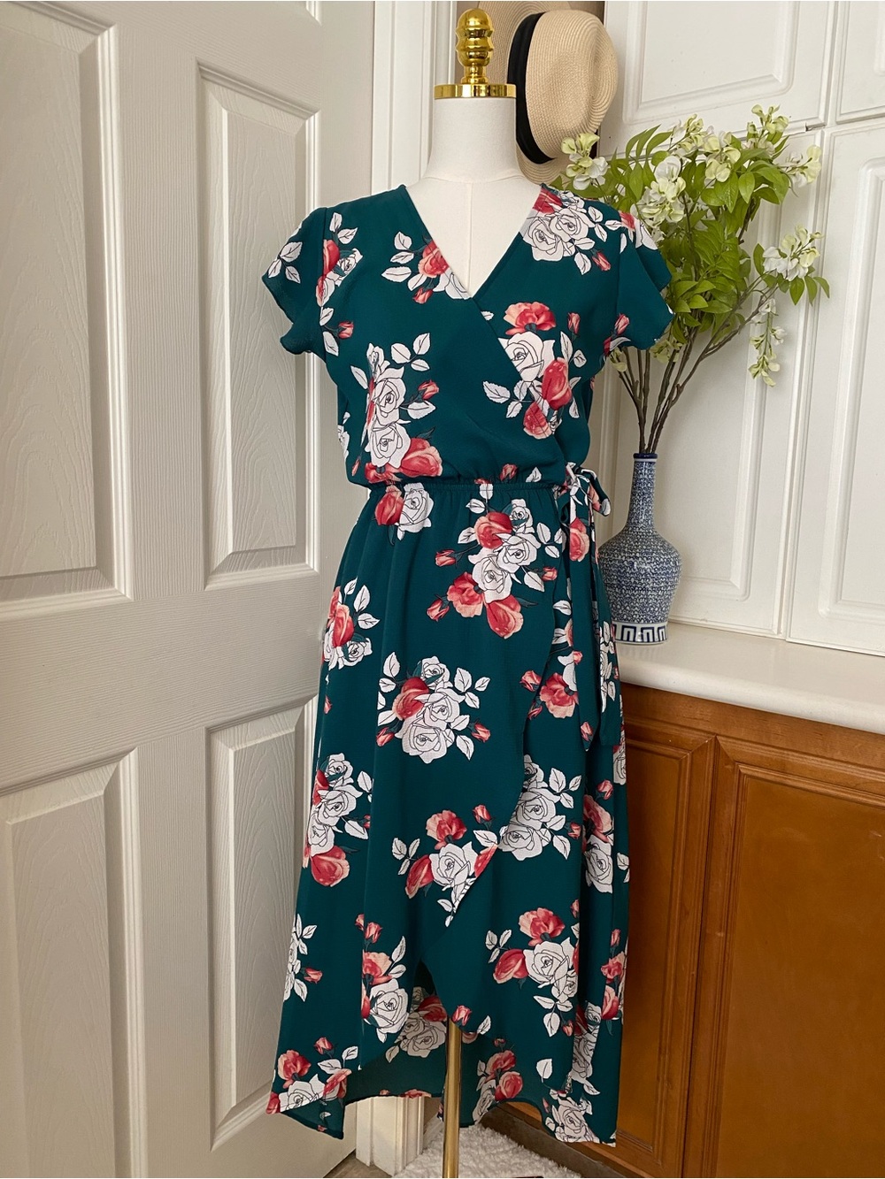 Dream of Me - Teal Floral Faux-Wrap Dress